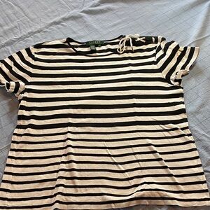 Lauren Ralph Lauren Black and White Striped Tie-Shoulder Tee